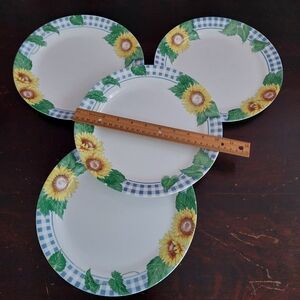 4pc Vintage Corelle Sunsations Dinner Plates Set: Sunflower Blue Check Plaid